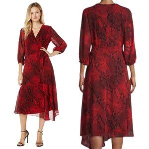 Calvin Klein Womens Dress Size 4 Wrap V neck Midi Red and Black Snake Print